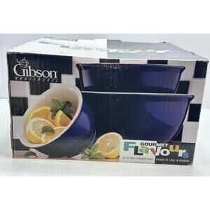 Gibson Housewares Gourmet Flavors Set Of Three Blue Stoneware‎ Bowls NIB